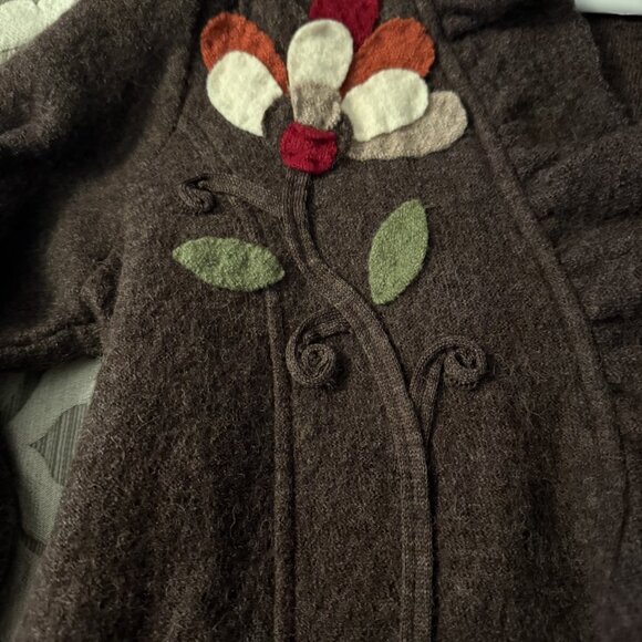 Cynthia Rowley 100% Wool Sweater Jacket Ruffle Felted Floral Accent Brown Medium - Picture 5 of 11